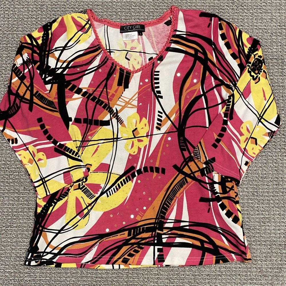 City Girl Nancy Bolen Top Womens S Beaded Sequins Pink Black Size Small